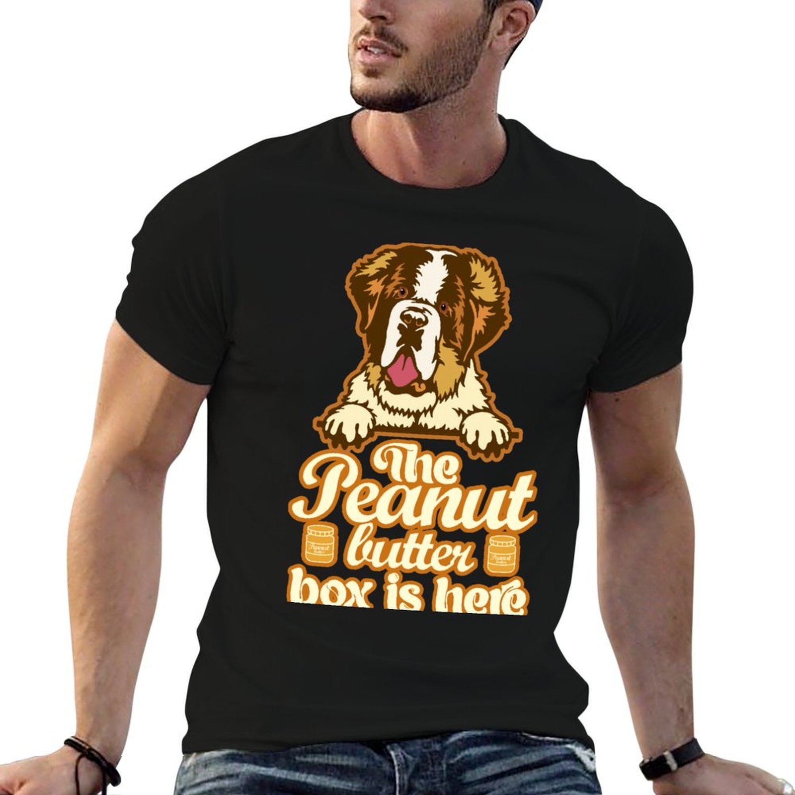 Commercial Shirt Printing - 땅콩버터 상자가 왔습니다: 재미있는 세인트 버나드